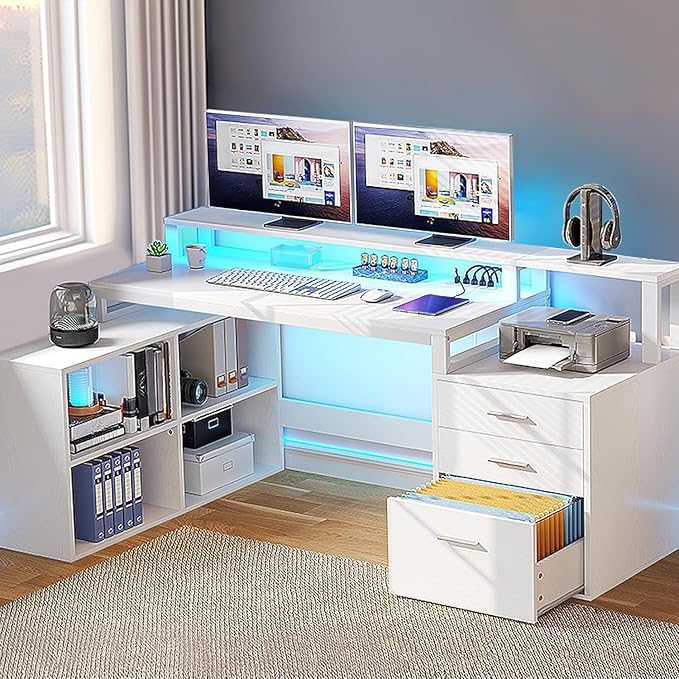 DWVO L Shaped Desk with Drawers, Corner Home Office Desk with Storage Shelves & - Image 4