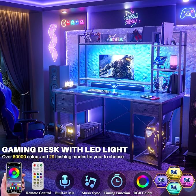 Aheaplus Desk with LED and Outlets, Gaming Desk with Hutch, 47.2'' Computer - Image 5