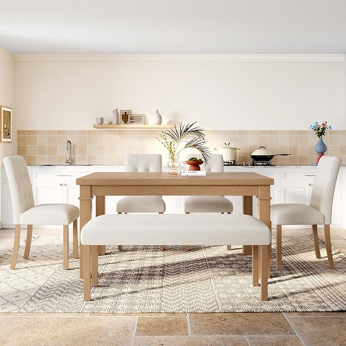 Ball & Cast Dining Table Set for 6 W/Bench & 4 Upholstered Chairs, 6 Piece - Image 4