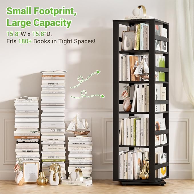 Homykic Rotating Bookshelf, Bamboo 360 Display Spinning Bookshelf Tower - Image 6
