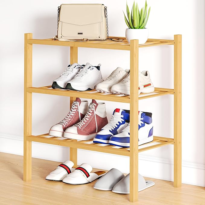 Smiry Shoe Rack, 3 Tier Small Bamboo Shoe Organizer, Stackable Free Standing by Smiry