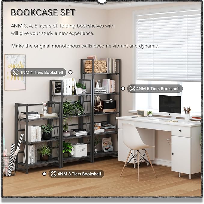 4NM No Assembly Folding Bookshelf, 5-Shelf 62.2" H Collapsible Foldable - Image 5