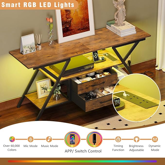 TV Stand with Power Outlet and LED Lights, Fits TVs up to 65”, 2 Fabric Drawers - Image 2