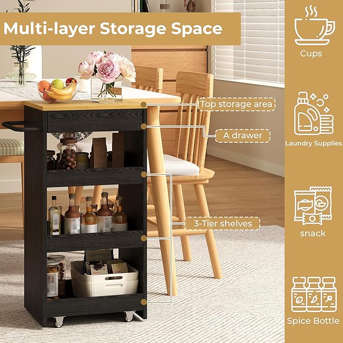 IRONCK Wood Storage Cart, 4 Tier Rolling Kitchen Cart on Wheels, Slide Out - Image 4