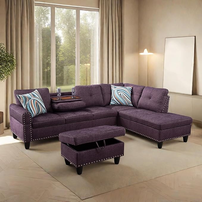 L Shaped Sectional Sofa with Ottoman, Nail-Head Design Linen Right Facing by GlasFlength