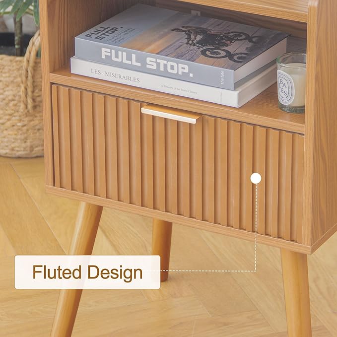 AWASEN Fluted Nightstand, Mid Century Modern Bedside Table - Image 5