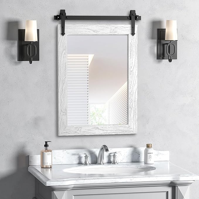 Bathroom Mirror for Over Sink 18”x24” Farmhouse Barn Door Mirror Rustic Wood by Menscha