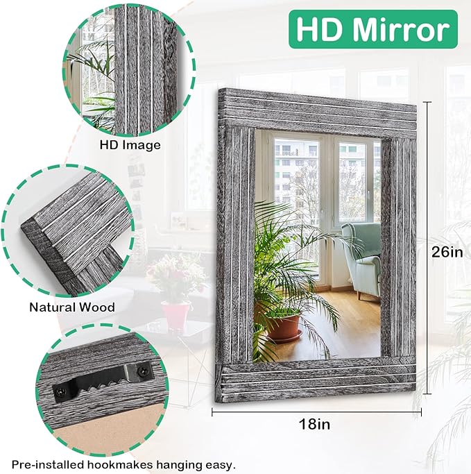 Large Wall Mirror Farmhouse Vintage Rustic Wood Framed Rectangular Mirror - Image 7