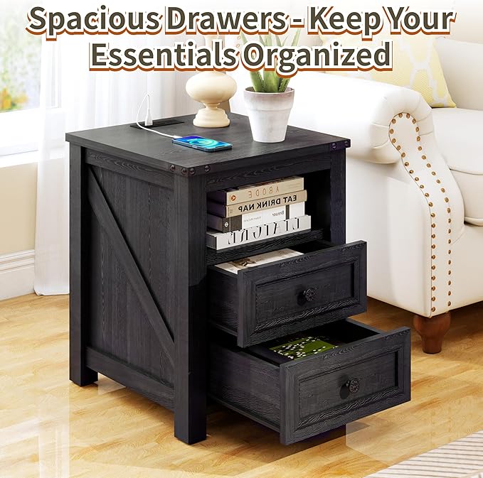 Farmhouse Nightstand with Charging Station, 18” Wide End Table with 2 Drawers - Image 4