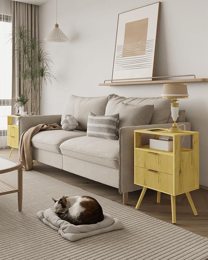 Nightstand with Charging Station and LED Lights, Modern Bedside Table with 2 - Image 3