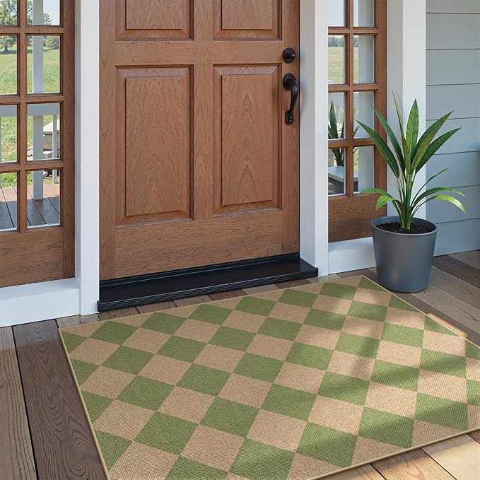 Lahome Green Checkered Easy Jute Rug, 3x5 Washable Outdoor Rug Neutral Rug - Image 6