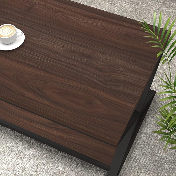 HSH Walnut 2 Tier Storage Coffee Table, Modern Rectangle Center Table - Image 5