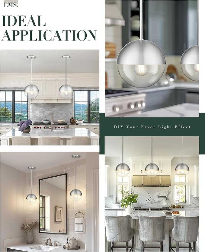 LMS Modern 1-Light Pendant Light Fixtures, Brushed Nickel Kitchen Island - Image 2