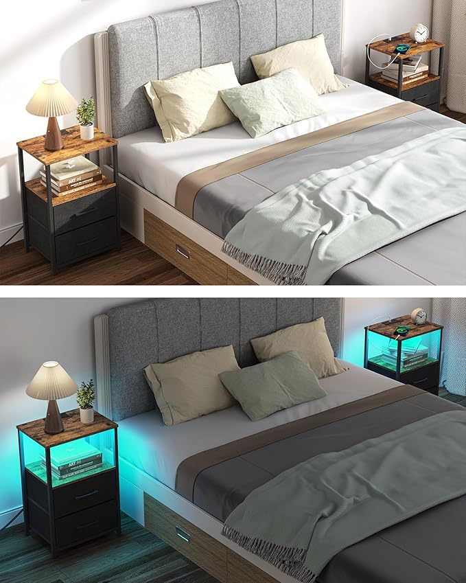 TUTOTAK LED End Table with Charging Station, Nightstand with Cloth Drawer - Image 4