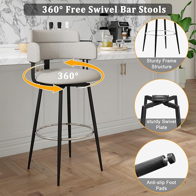 Swivel Bar Stools Set of 2, Counter Height Bar Stools - Image 5