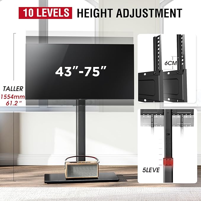Swivel TV Floor Stand for 43-75 Inches TVs, 10 Level Height Adjustable Corner - Image 6