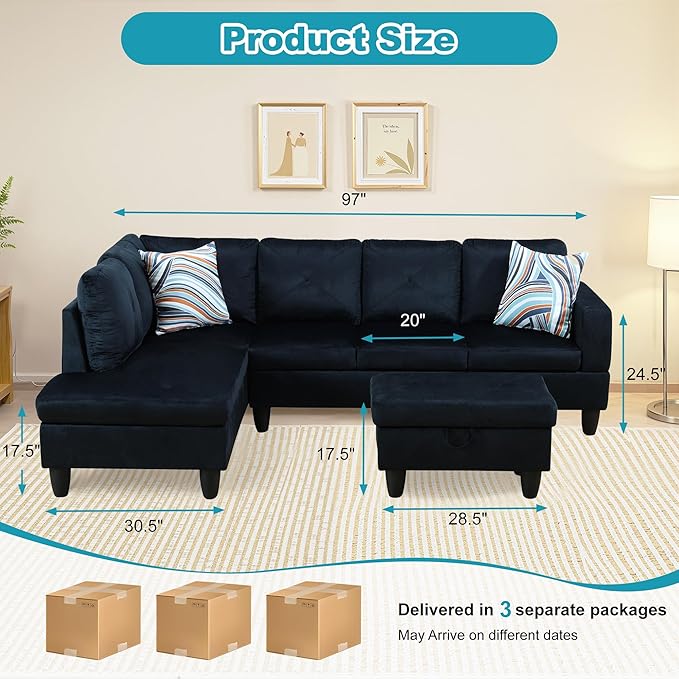 L Shaped Couch Modern Sectional Couch Upholstered Microfiber Fabric 3 Pieces - Image 2