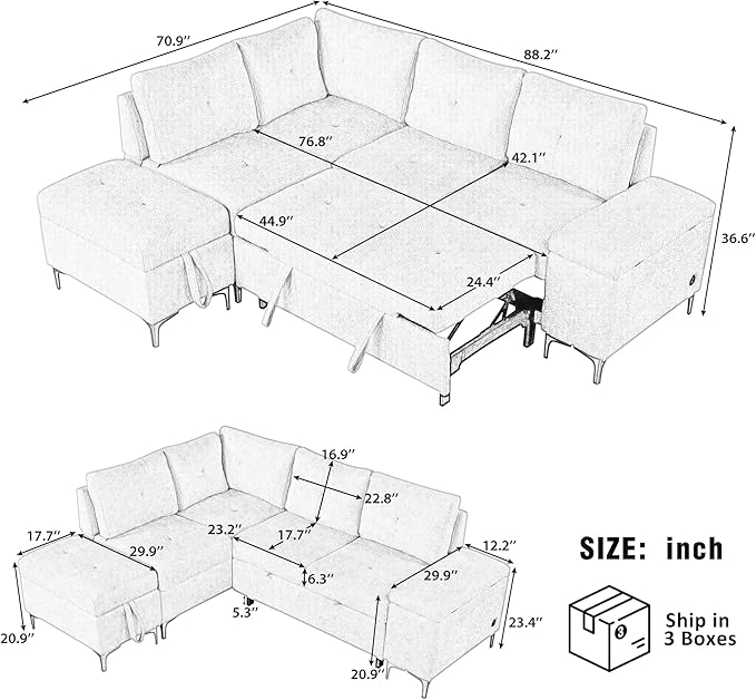 Ball & Cast 88.2" L-Shaped Sectional Pull Out Sofa - Image 2