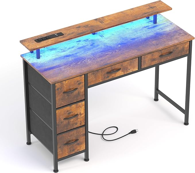 Computer Desk with 5 Drawers, Gaming Desk with LED Lights Power Outlets and by Mexin
