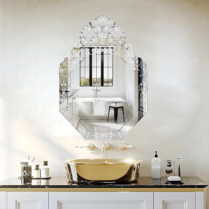 KOHROS Venetian Mirror with Top Crown Arch Floral Etched 32 x 24 Inch Octagonal - Image 3