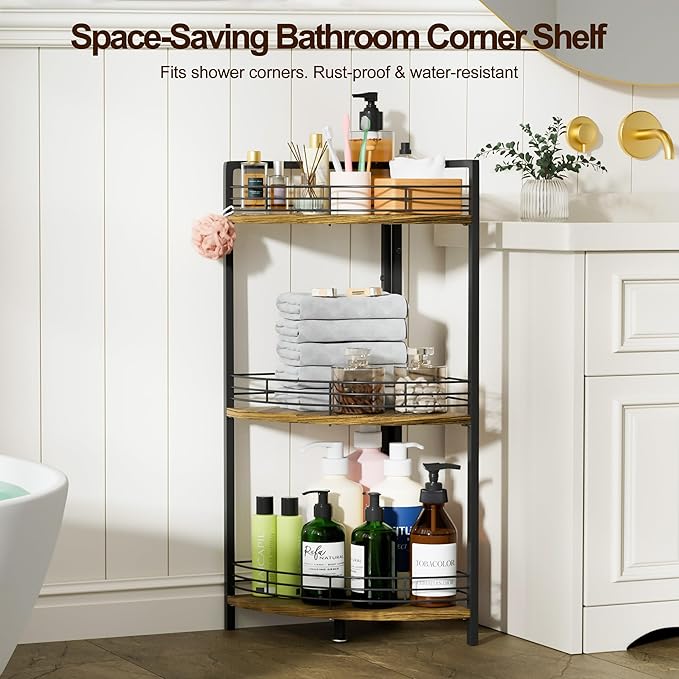 Bathroom Corner Shelf Stand, 3-Tier Small Corner Shelves, Triangular Curved - Image 5