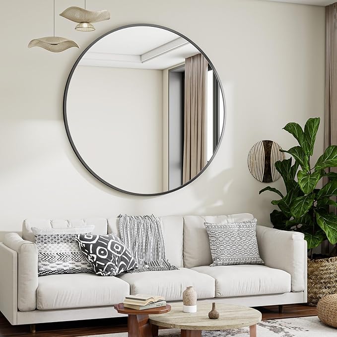 Black Round Bathroom Mirror, 48 inch Large Circle Wall Mounted Hanging Mirror - Image 2