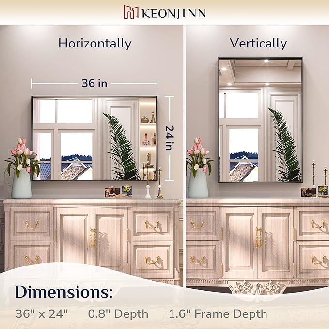 Keonjinn Black Bathroom Mirror 24 x 36 Inch Rectangular Wall Mirror Brushed - Image 7