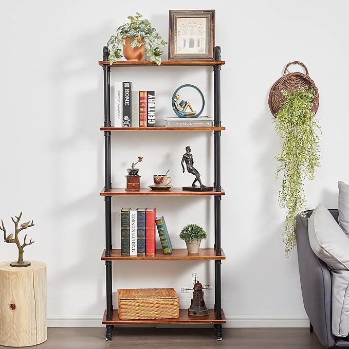 Industrial Bookshelf, 5 Shelf Bookcase, Rustic Brown Pipe Shelving - Image 8