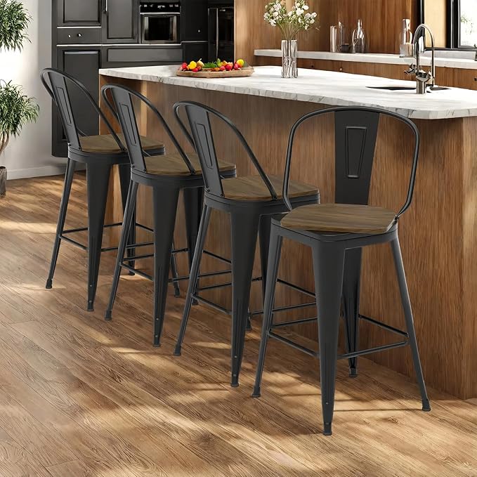 26” Swivel Bar Stools Set of 4, Counter Height Bar Stools Wooden Seat, Metal by Homvinax