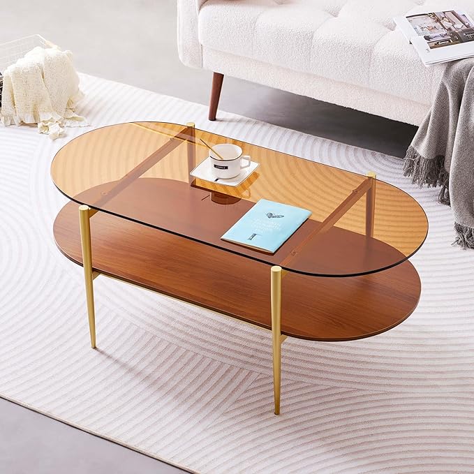 Oval Glass Coffee Table, Mid-Century Modern Design, L41 x W21 x H17 inch by LumFurn