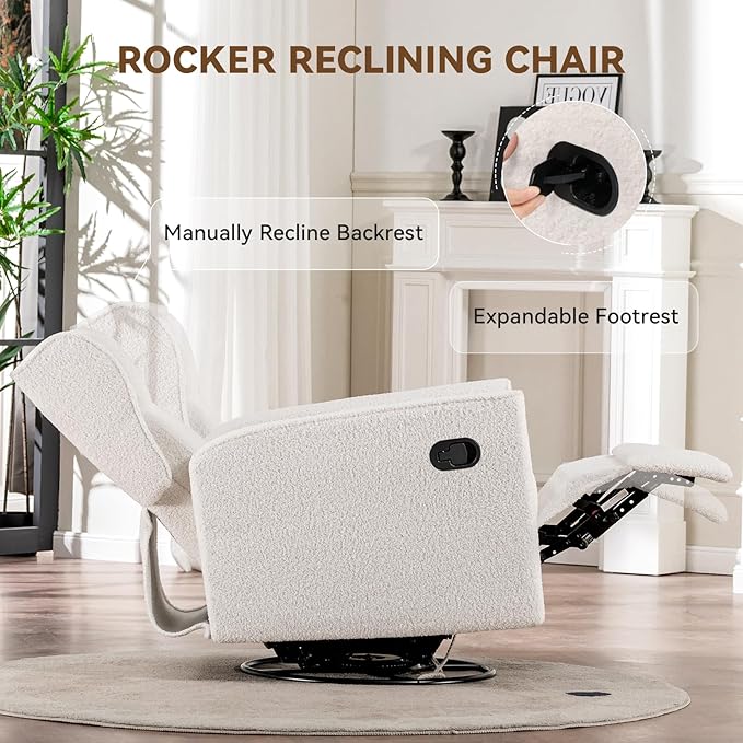 COMHOMA Nursery Rocking Chair Teddy Upholstered Swivel Rocker Recliner Manual - Image 8