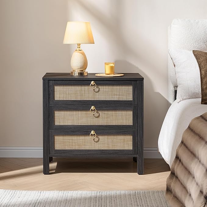 SICOTAS Night Stand with Drawers, Large Rattan Bedside Table with Golden Handle by SICOTAS