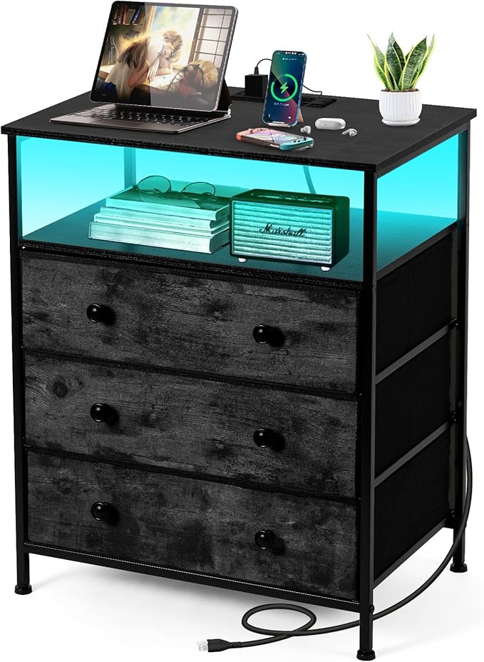 3 Drawers Dresser with Charging Station, 24 Inch Wide LED Night Stand with by PATAVOT