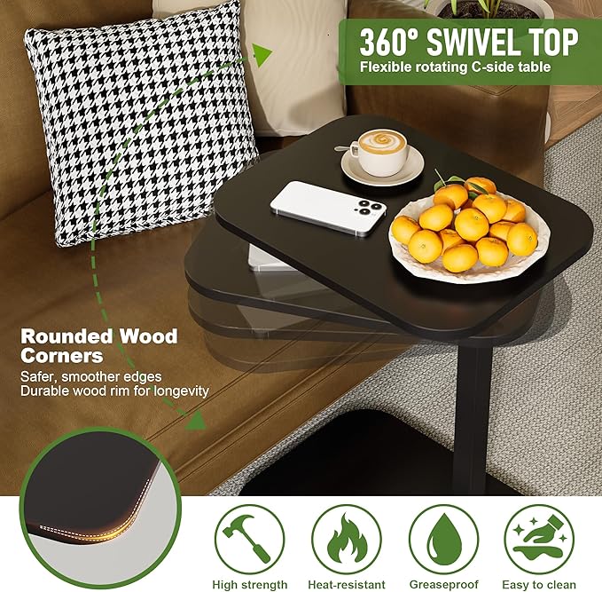 C Shaped End Table, Adjustable Height Couch Side Table, Horizontal 360°Swivel - Image 5