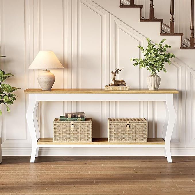 LITTLE TREE 70.9 Inches Long Console Table, 2-Tier Vintage Wooden Sofa Table - Image 6