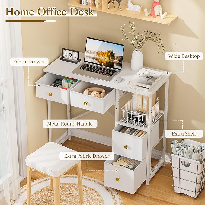 Small Computer Desk with 4 Fabric Drawers, Simple Writing Desk - Image 3