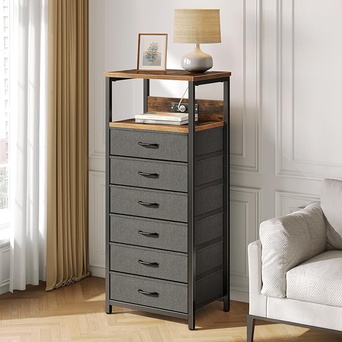 Seventable Night Stand with Charging Station, Tall Nightstand with 6 Fabric - Image 7