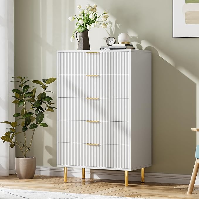 GarveeHome White Dresser, Modern 5 Drawer Dresser - Image 5