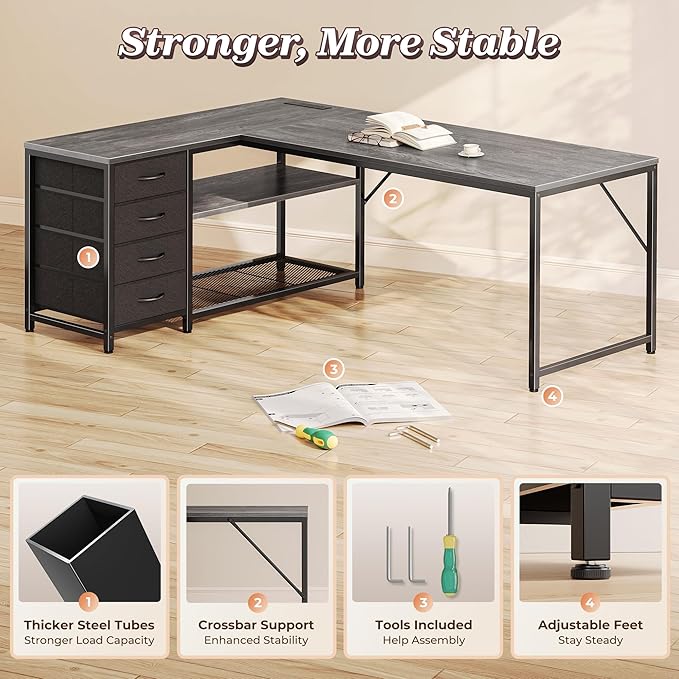 PRAISUN 61" L Shaped Desk with Power Outlets and USB-C Port, Reversible - Image 8