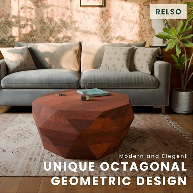 Relso Solid Wood Geometric Faceted Coffee Tables Living Room, Crafted - Image 5