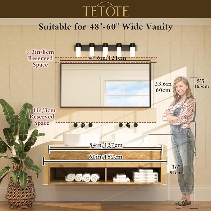 TETOTE Black Bathroom Vanity Mirror Beveled Frame 48" x 24" Black Rectangle - Image 6