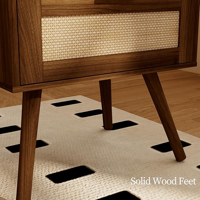 Rattan Nightstand with Charging Station, Farmhouse Bedside Table with 2 Storage - Image 7