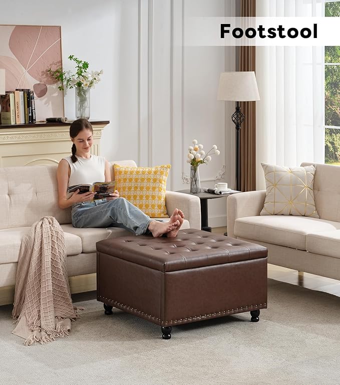 Tbfit Large Square Storage Ottoman Bench, Button Tufted Upholstered Coffee - Image 10