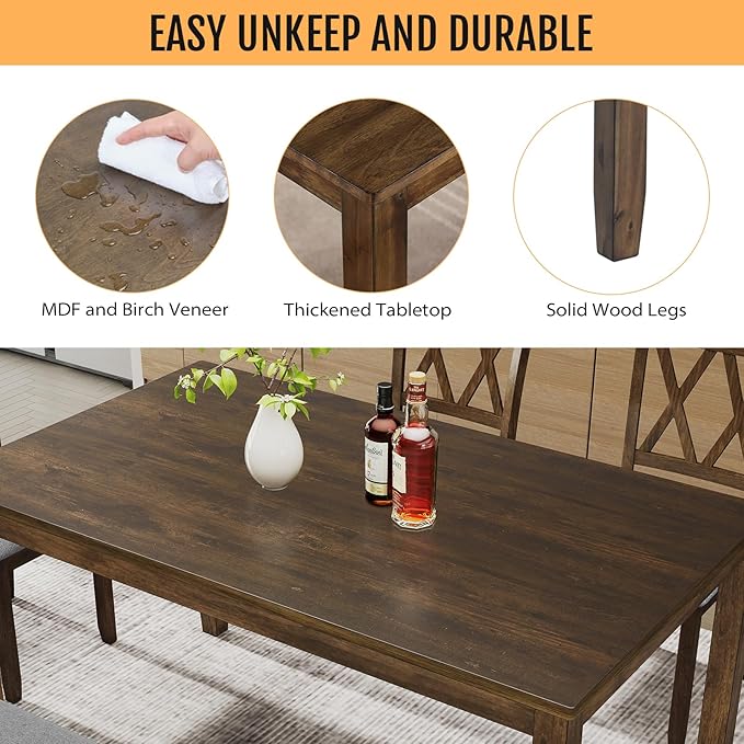 6-Piece Solid Wood Dining Table Set, Dining Table & Chair Set - Image 3