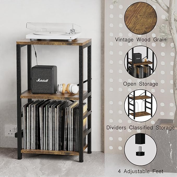 End Table with LED Light, Record Player Stand with Albums Storage, Vinyl - Image 7