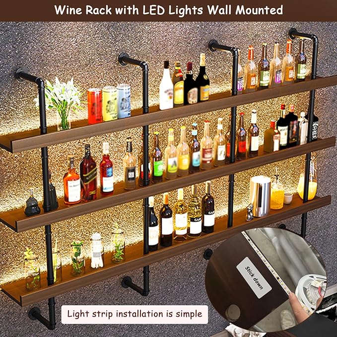 55.1in Large Wine Rack with LED Light Solid Wood Wall Mounted Wine Rack - Image 7