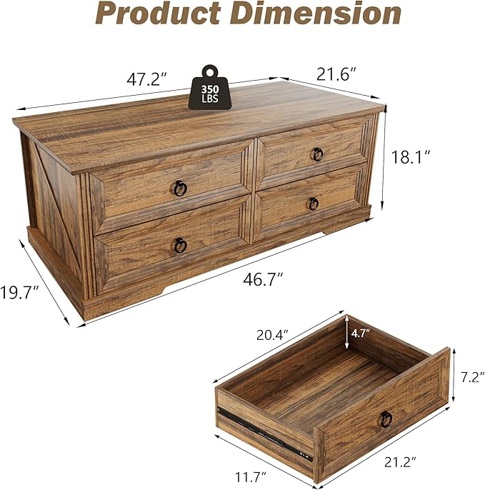 Rustic Coffee Table with Drawers 47 inch Living Room Tables with Storage - Image 2