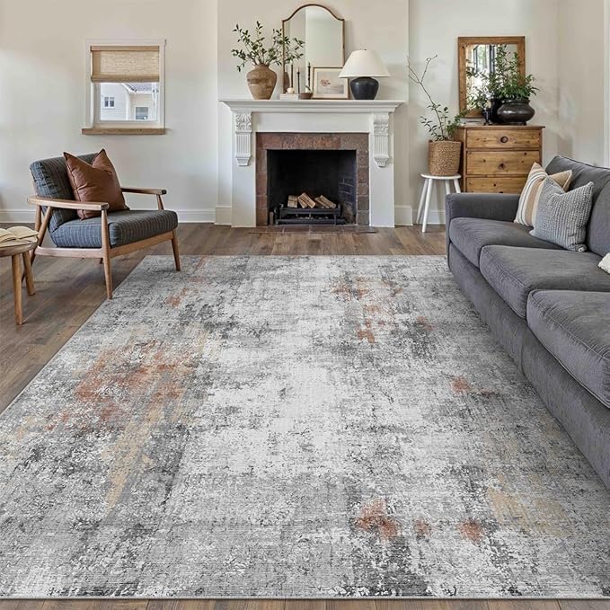 9x12 Washable Area Rug Grey Rust Modern Neutral Abstract Living Room Bedroom - Image 4