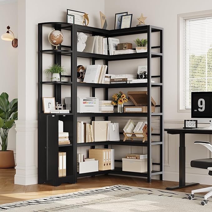 Keyluv Black Corner Bookshelf 72" Tall Corner Book Shelves Cases 2 Pieces Open - Image 7