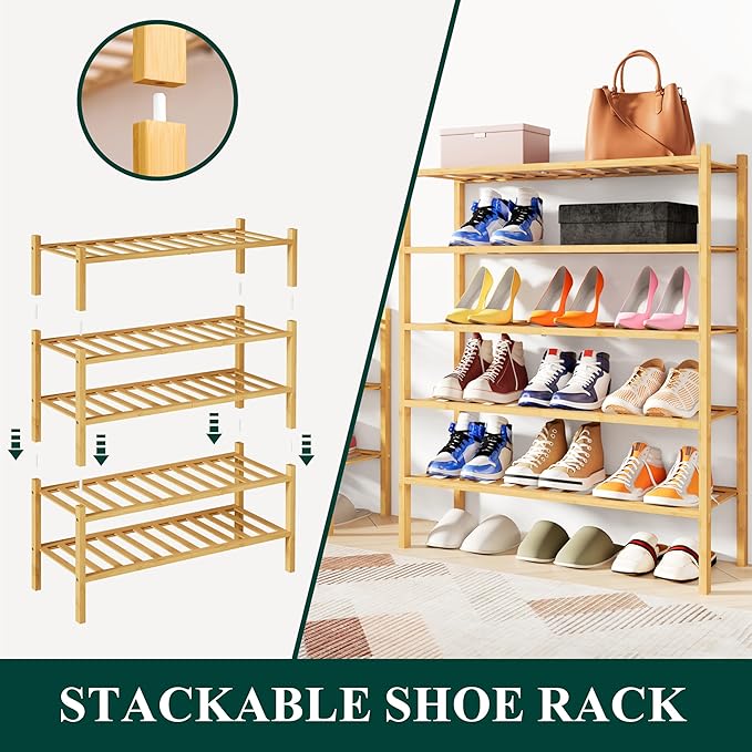 Smiry Shoe Rack, 6 Tier Bamboo Shoe Organizer, Stackable Free Standing Wooden - Image 4